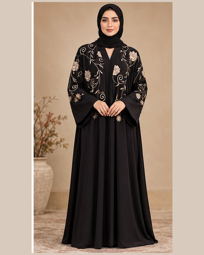 Black Abaya with Metallic Floral Embroidery
