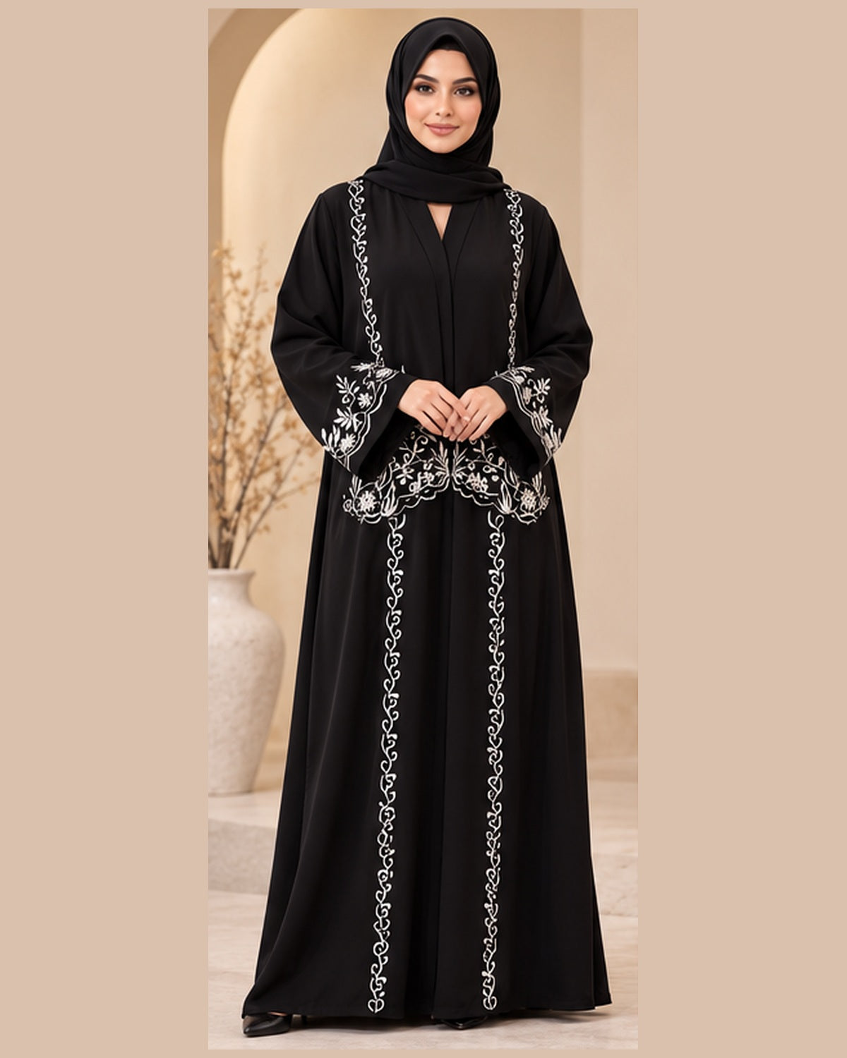 Black abaya front view with ivory floral embroidery