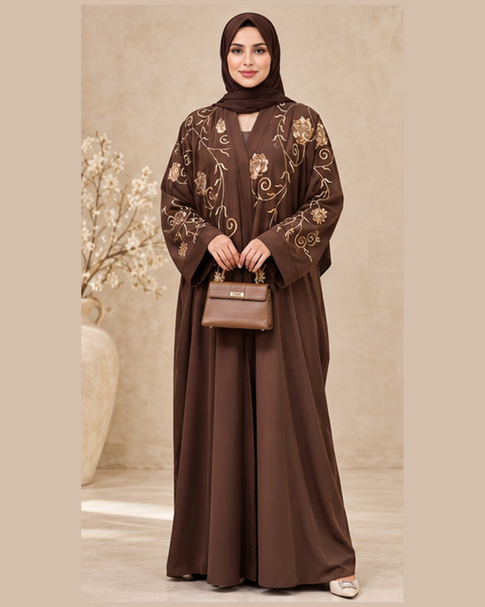 Chocolate Brown Abaya with Floral Embroidery