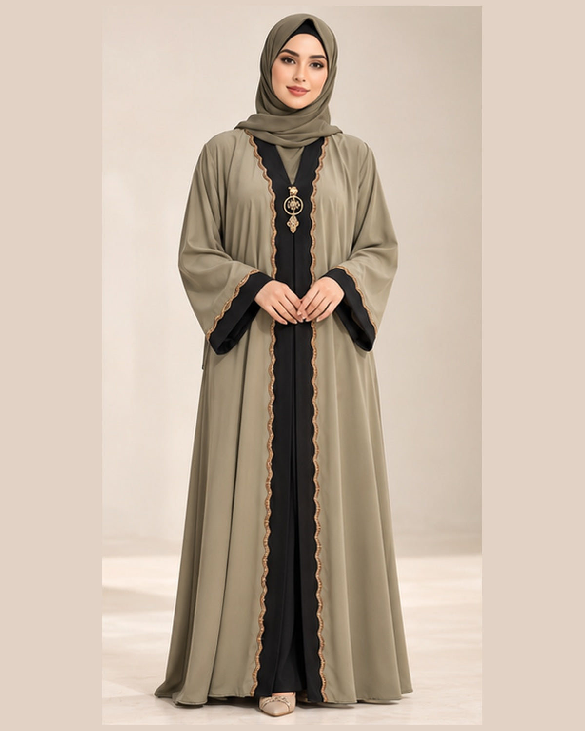 Olive abaya with black center panel and gold trim front view