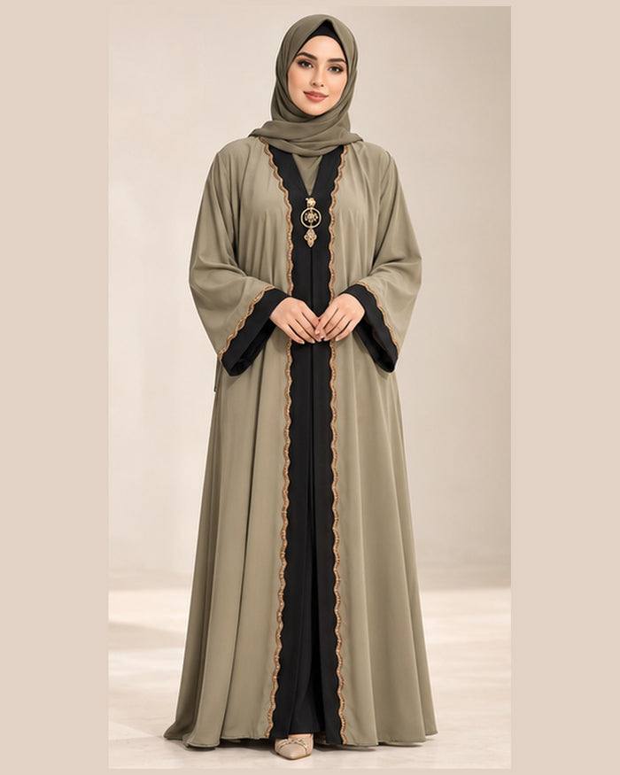 Olive Abaya with Black Panel and Gold Trim