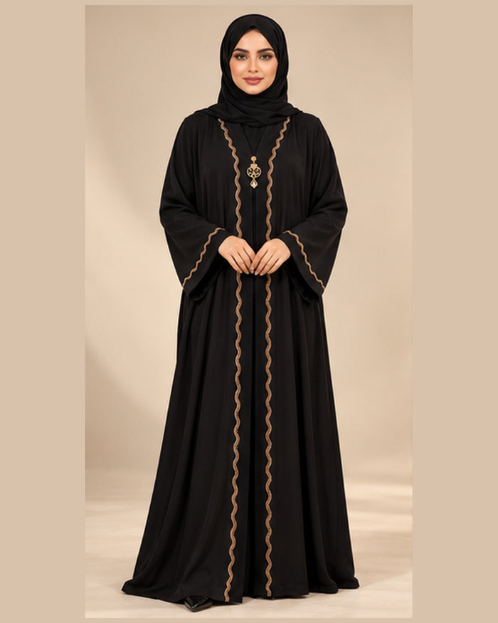 Black Abaya with Bronze Wavy Trim