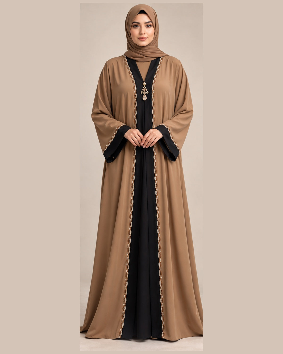 Camel abaya with black center panel and gold trim front view