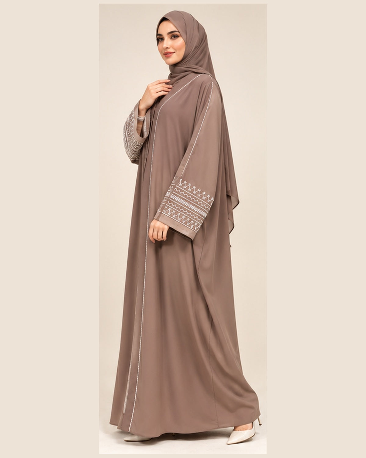 Taupe modest abaya three-quarter view