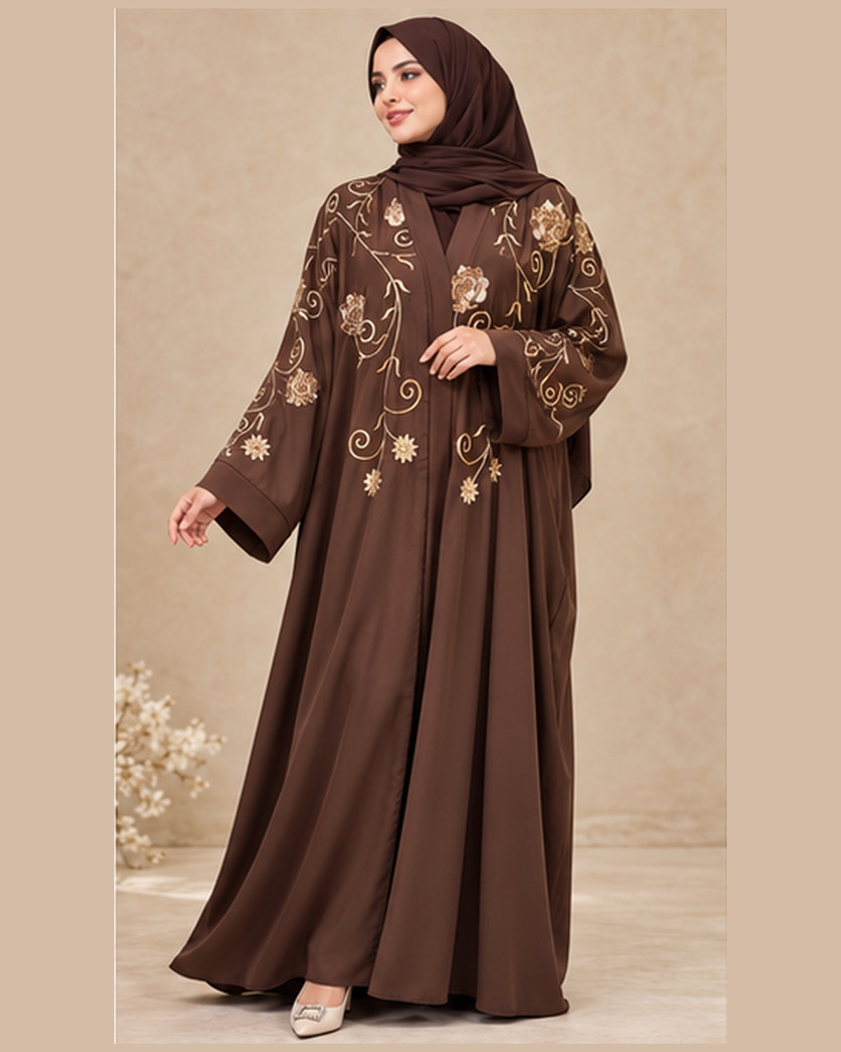 Chocolate brown abaya three-quarter view