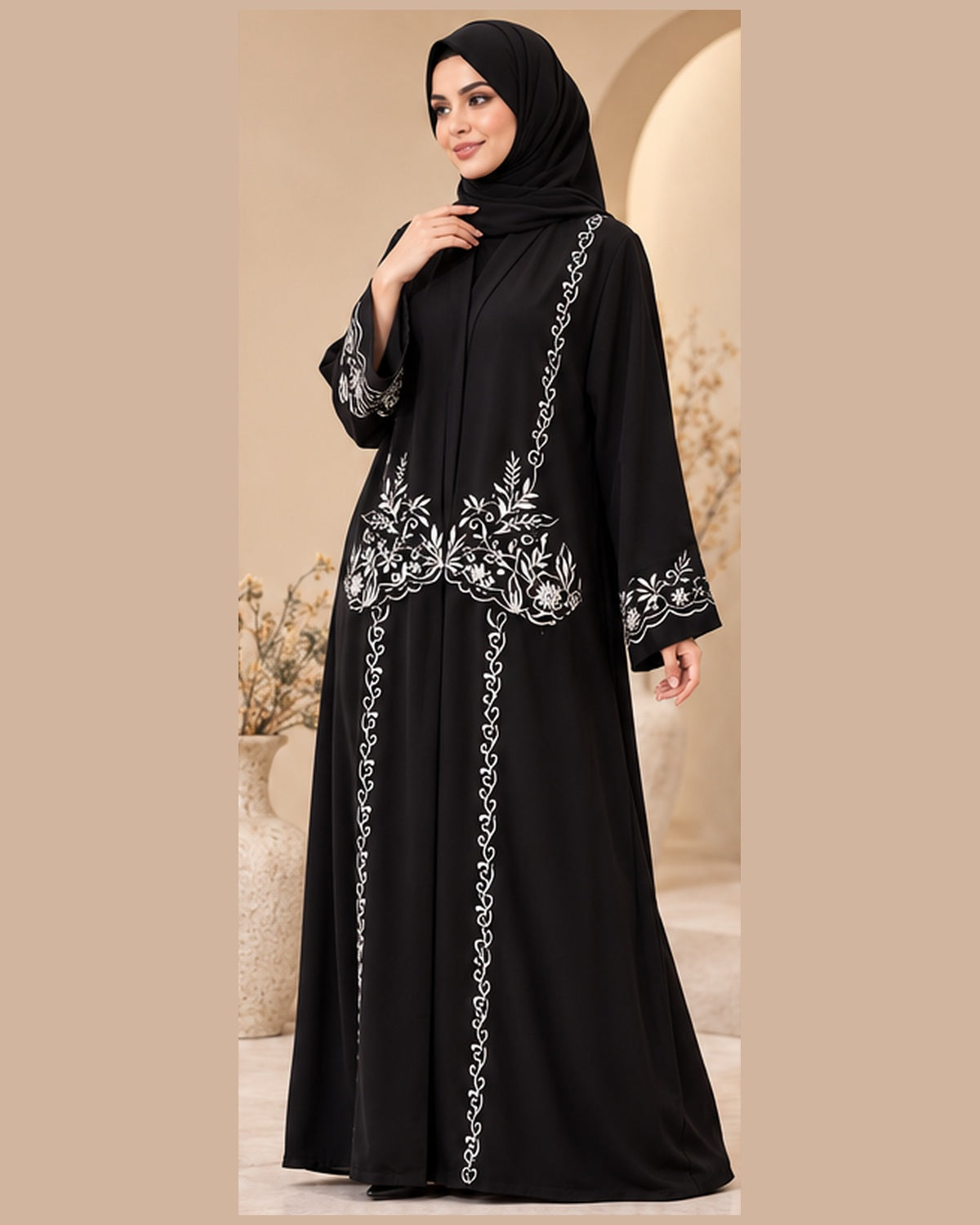 Black abaya three-quarter view with ivory floral embroidery