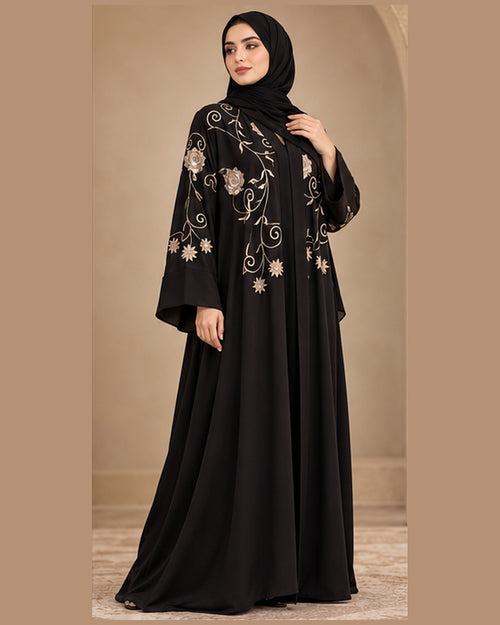 Black abaya three-quarter view with metallic floral embroidery