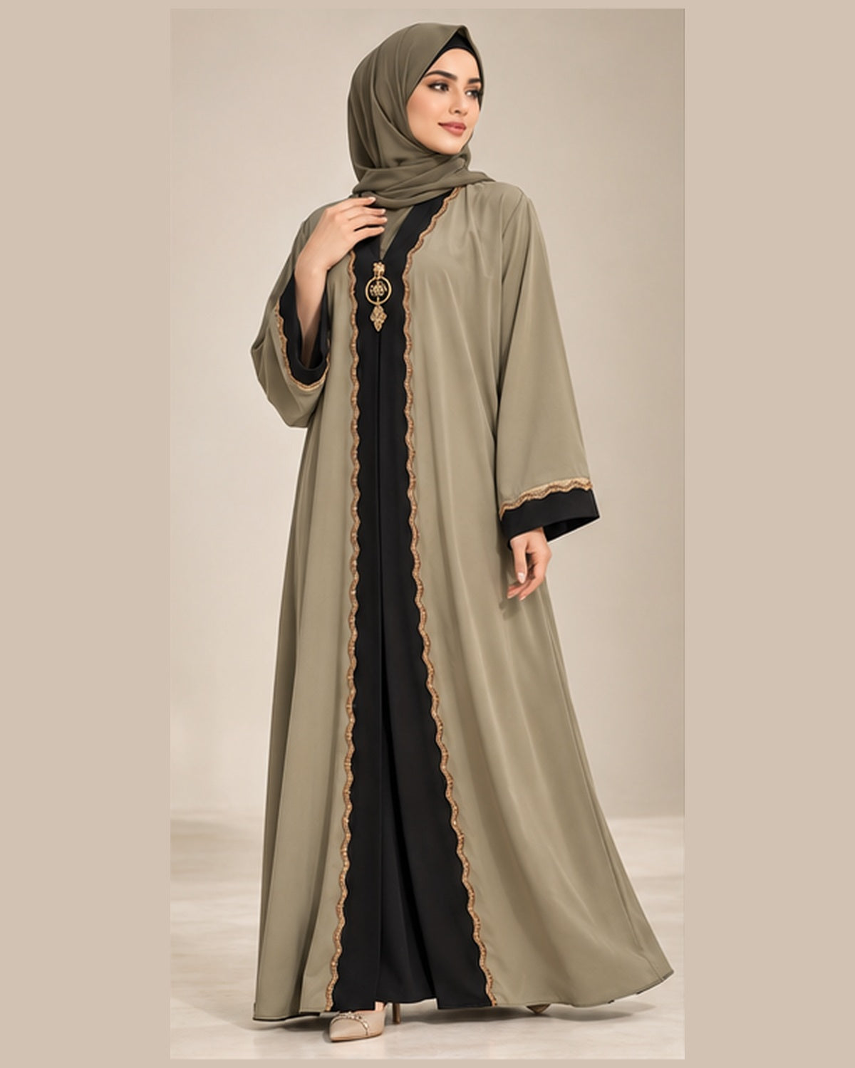 Olive abaya with black center panel and gold trim three-quarter view