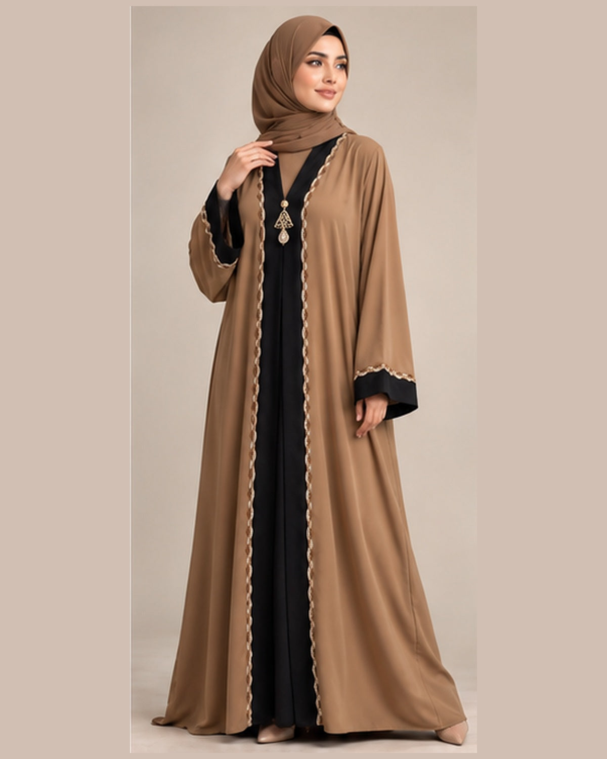 Camel abaya with black center panel and gold trim three-quarter view