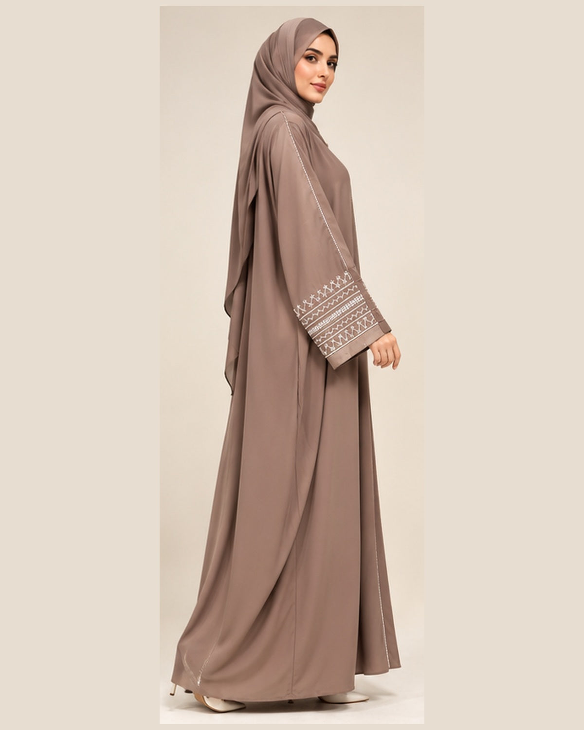 Taupe modest abaya side view