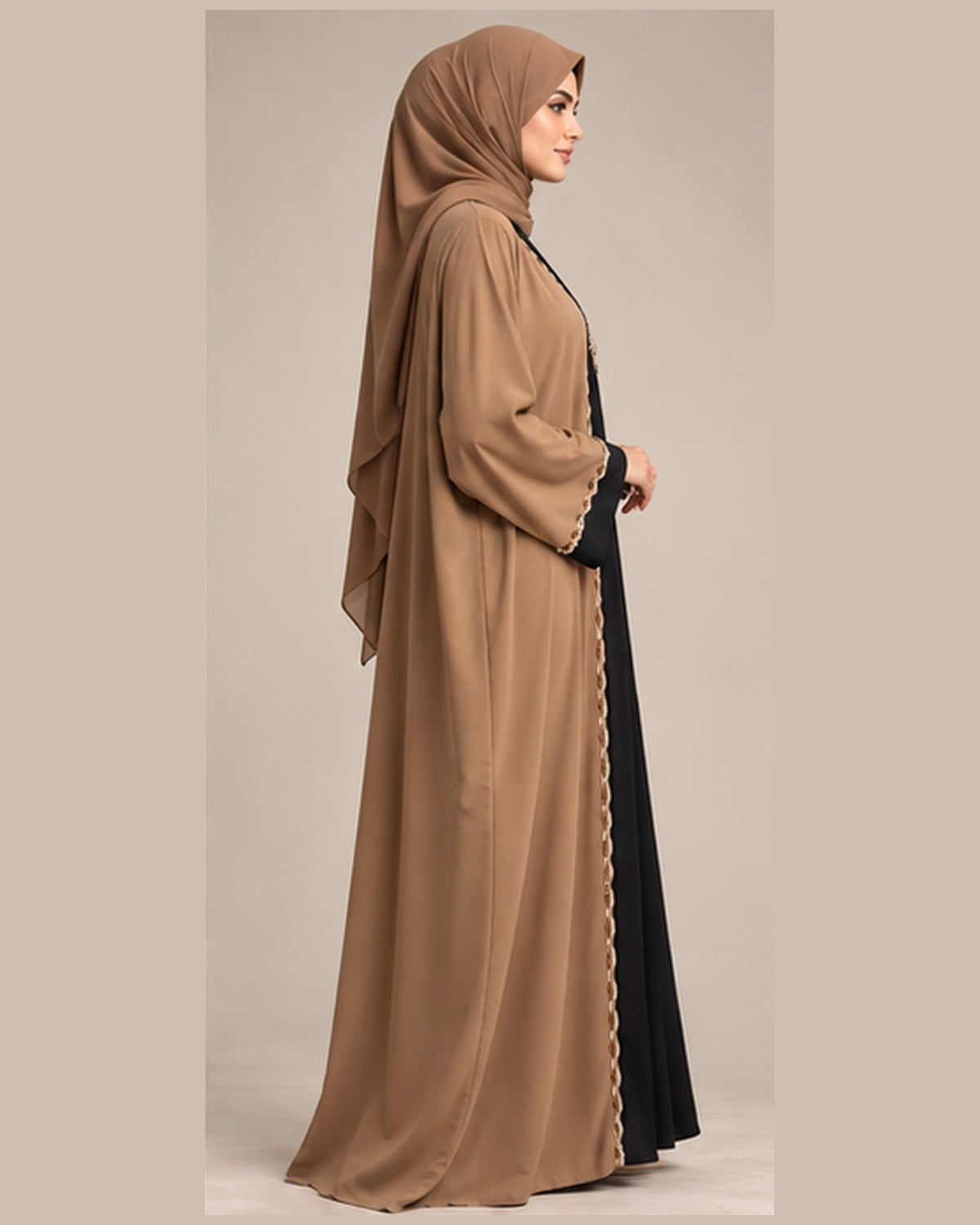 Camel abaya with black center panel and gold trim side view