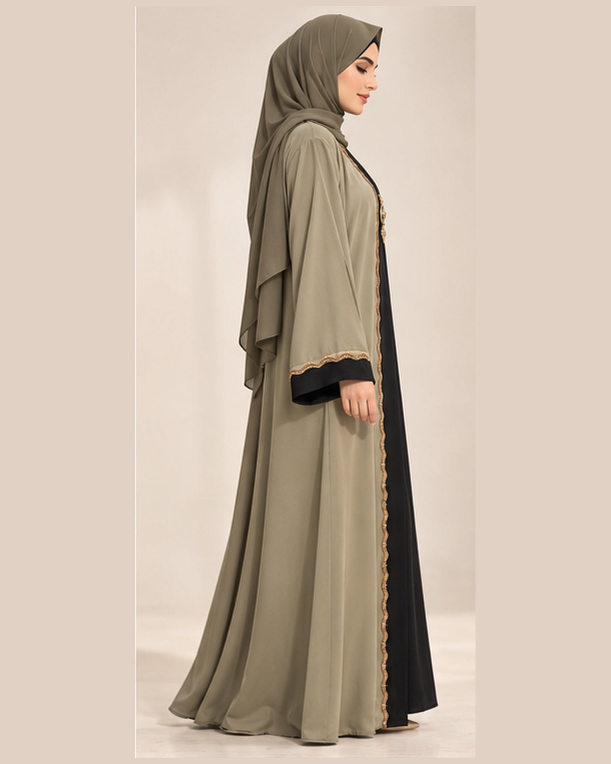 Olive abaya with black center panel and gold trim side view