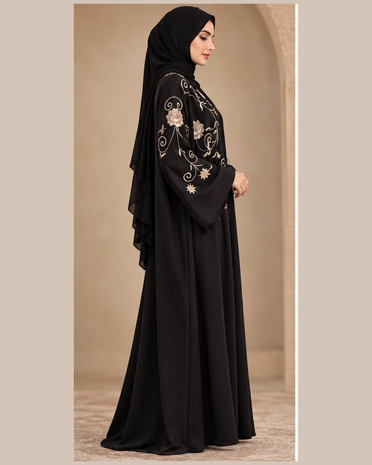 Black abaya side view with metallic floral embroidery