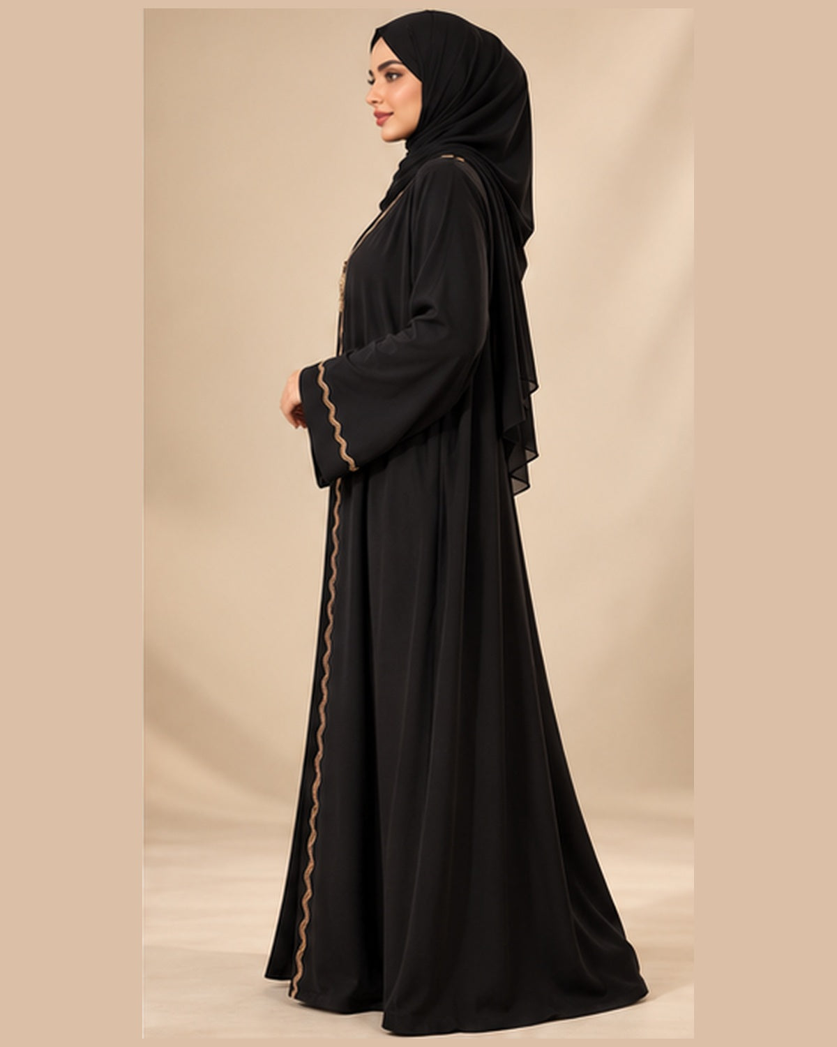 Black abaya with bronze wavy trim side view
