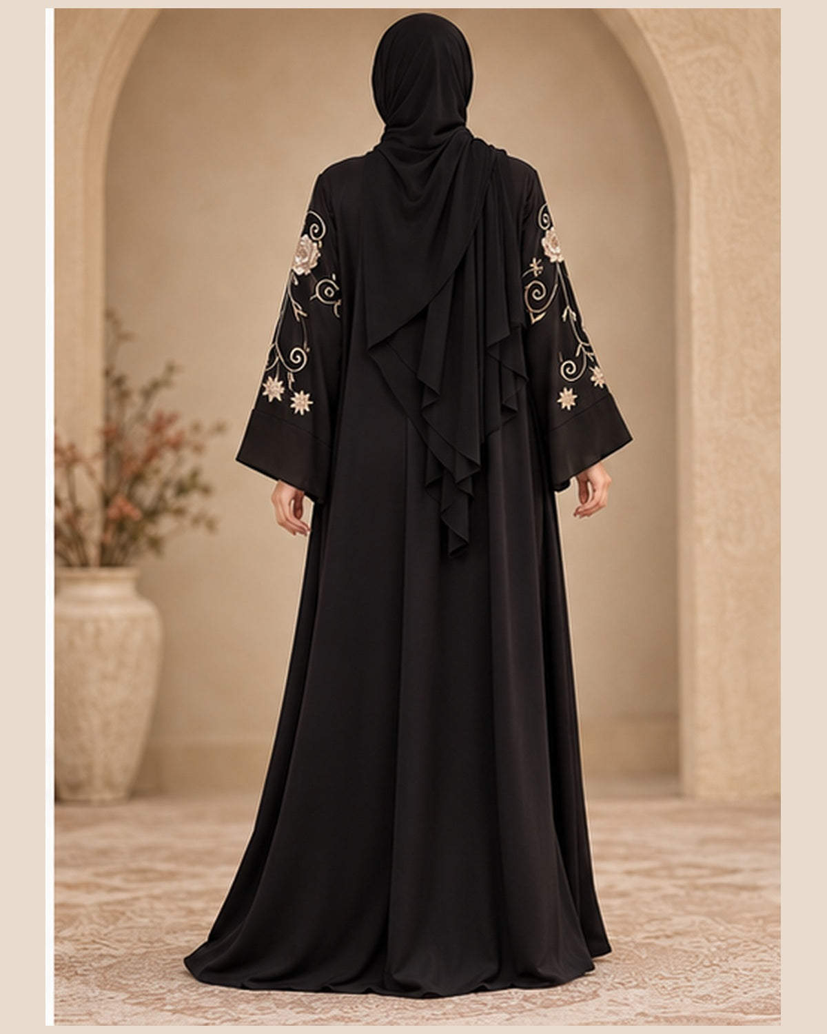 Black abaya back view with metallic floral embroidery