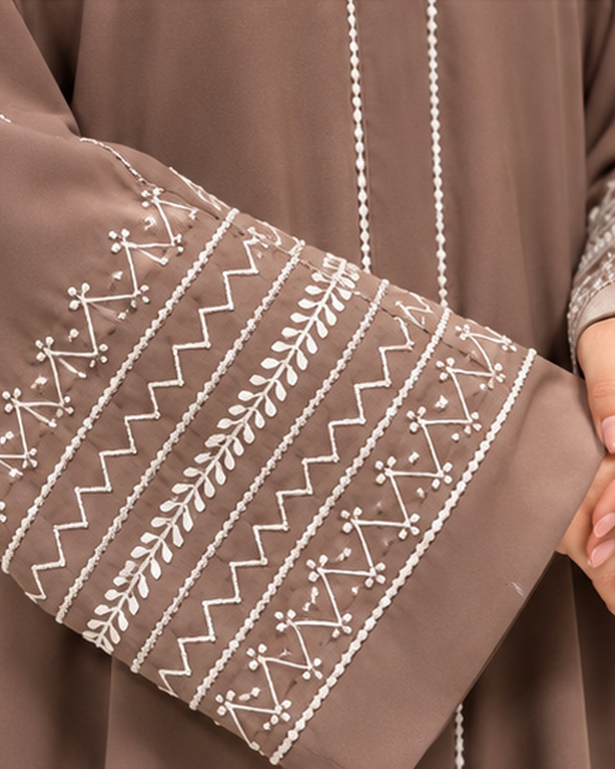 Taupe modest abaya geometric embroidery detail