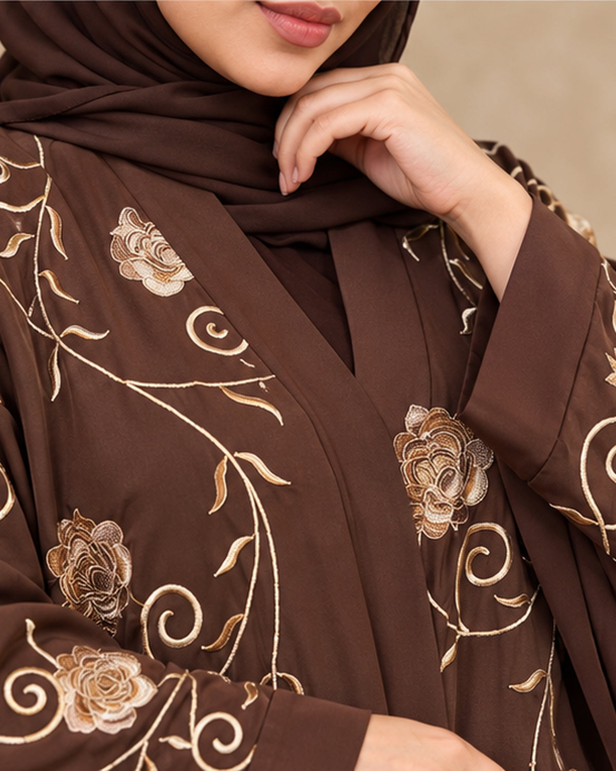 Chocolate brown abaya floral embroidery detail