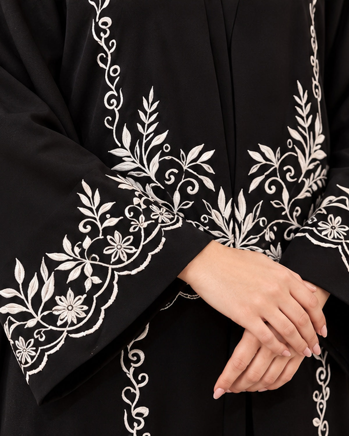 Black abaya ivory floral embroidery detail