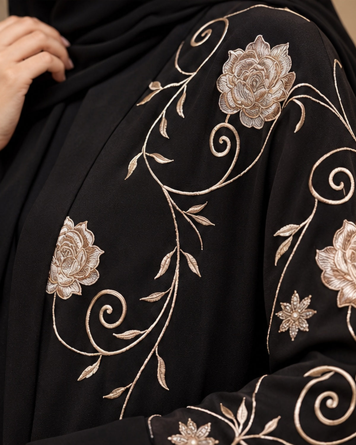 Black abaya metallic floral embroidery detail