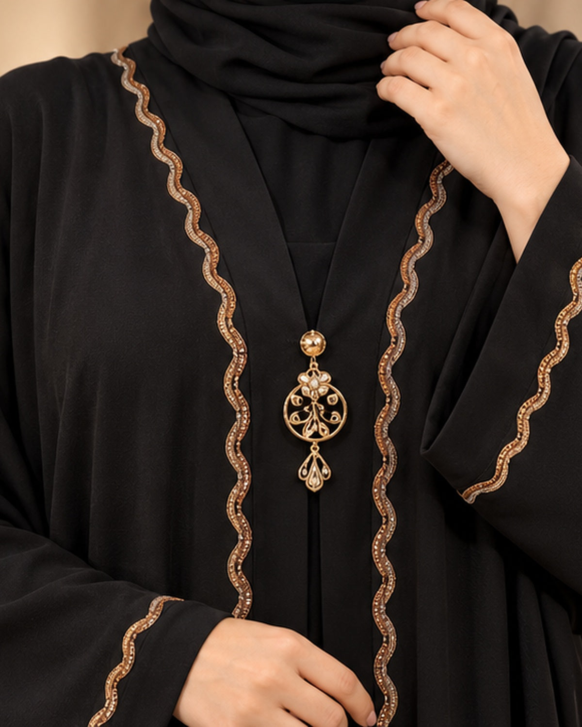 Black abaya bronze wavy trim detail